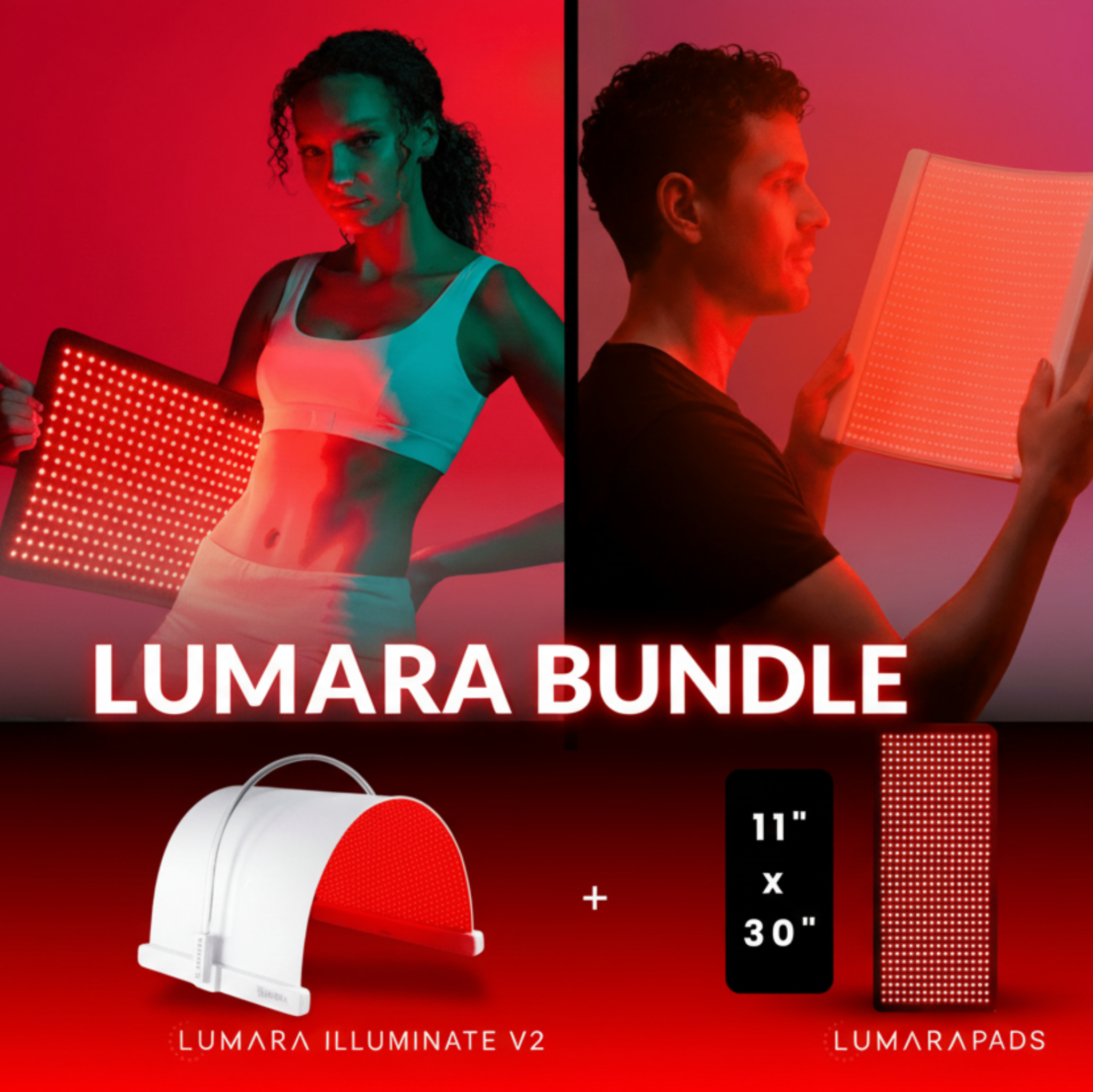 Promotional image of Lumara Bundle with two people holding LED panels against a red background.