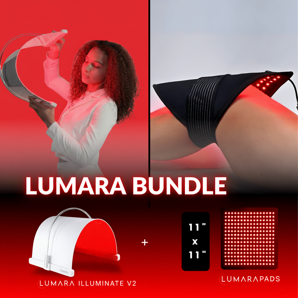 LUMARA Bundle with a woman holding a device, close-up of a pad, and product images on a red background.