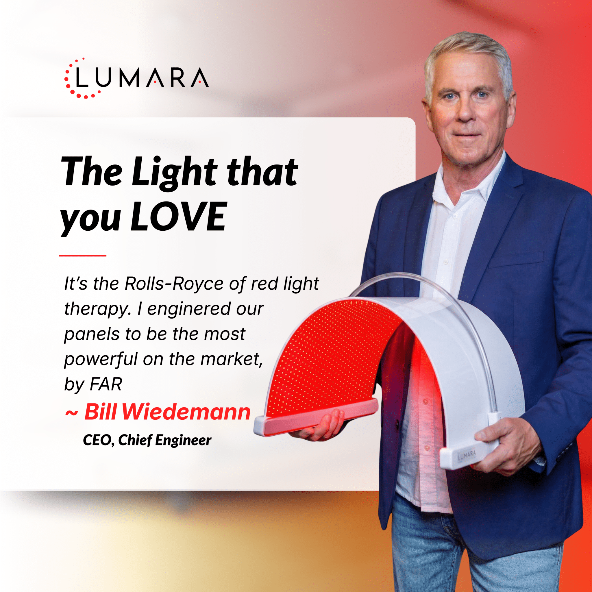 Man holding a red light therapy panel with Lumara branding and text about the product.