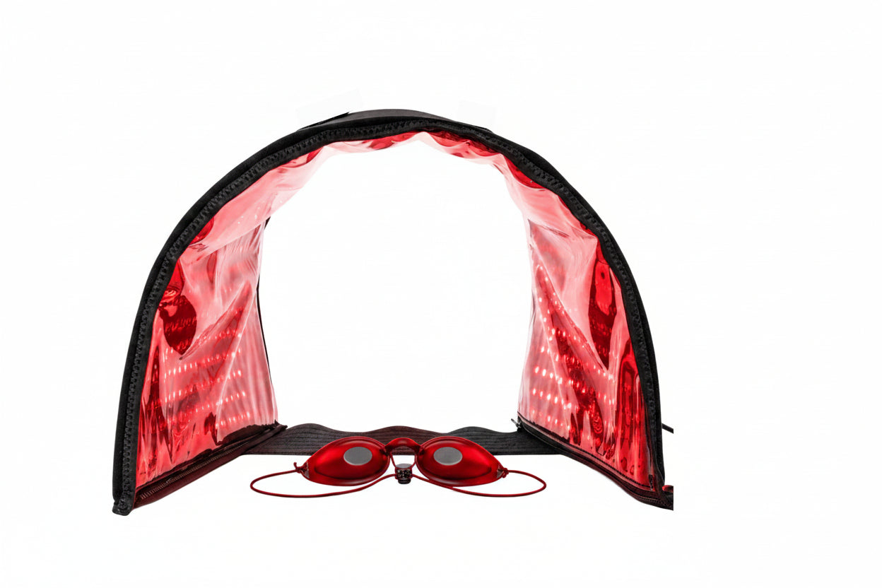 Red LED safety goggles with a large red light on a white background, featuring 1,998 powerful LEDs.