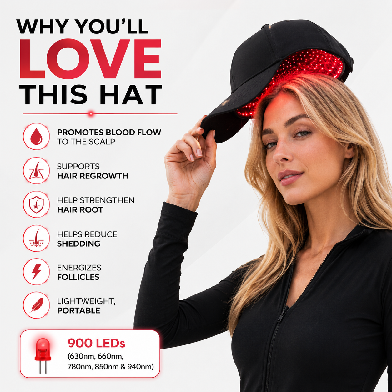 Red Light Therapy Hat | Full Scalp Coverage | 900 LEDs | 5 Wavelengths