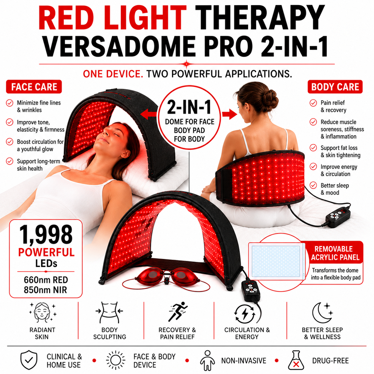 VersaDome Pro 2-in-1 Red Light Therapy Device – Face & Body