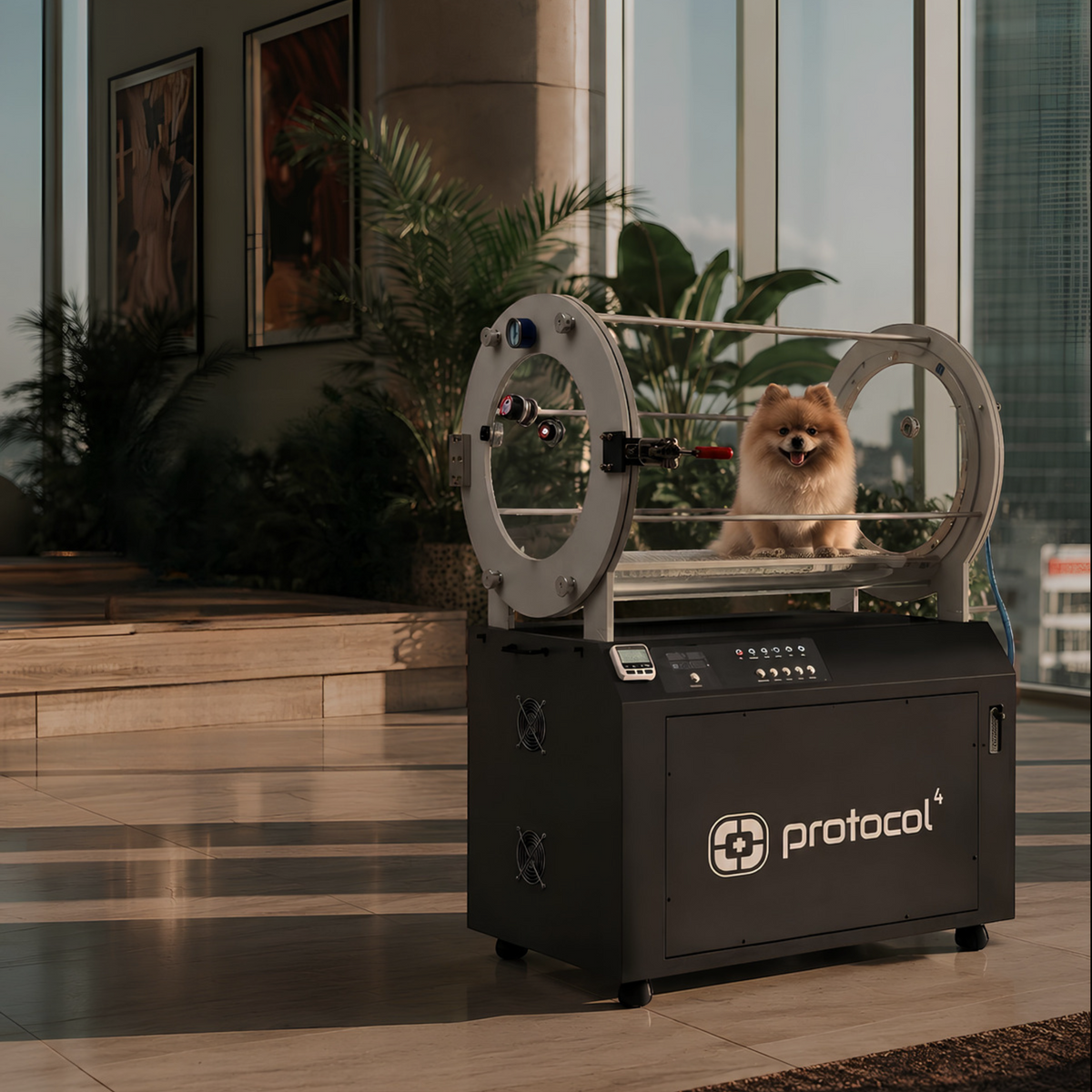 A small fluffy dog sits inside a transparent grooming station mounted on a black Protocol-branded base, photographed in a modern indoor lobby with large windows and plants in the background.
