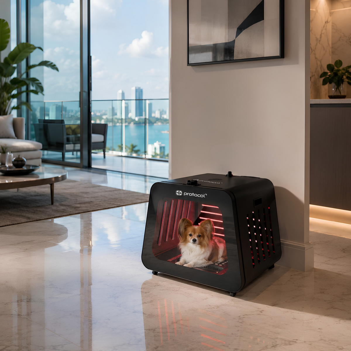 A small dog sits inside a black pet carrier crate with red interior lighting, placed on a polished marble floor in a modern living room with large windows overlooking water.