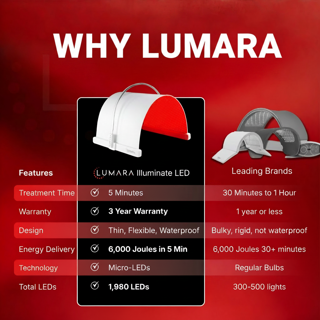 Chart of Lumara Illuminate LED panel and leading brands on a red background