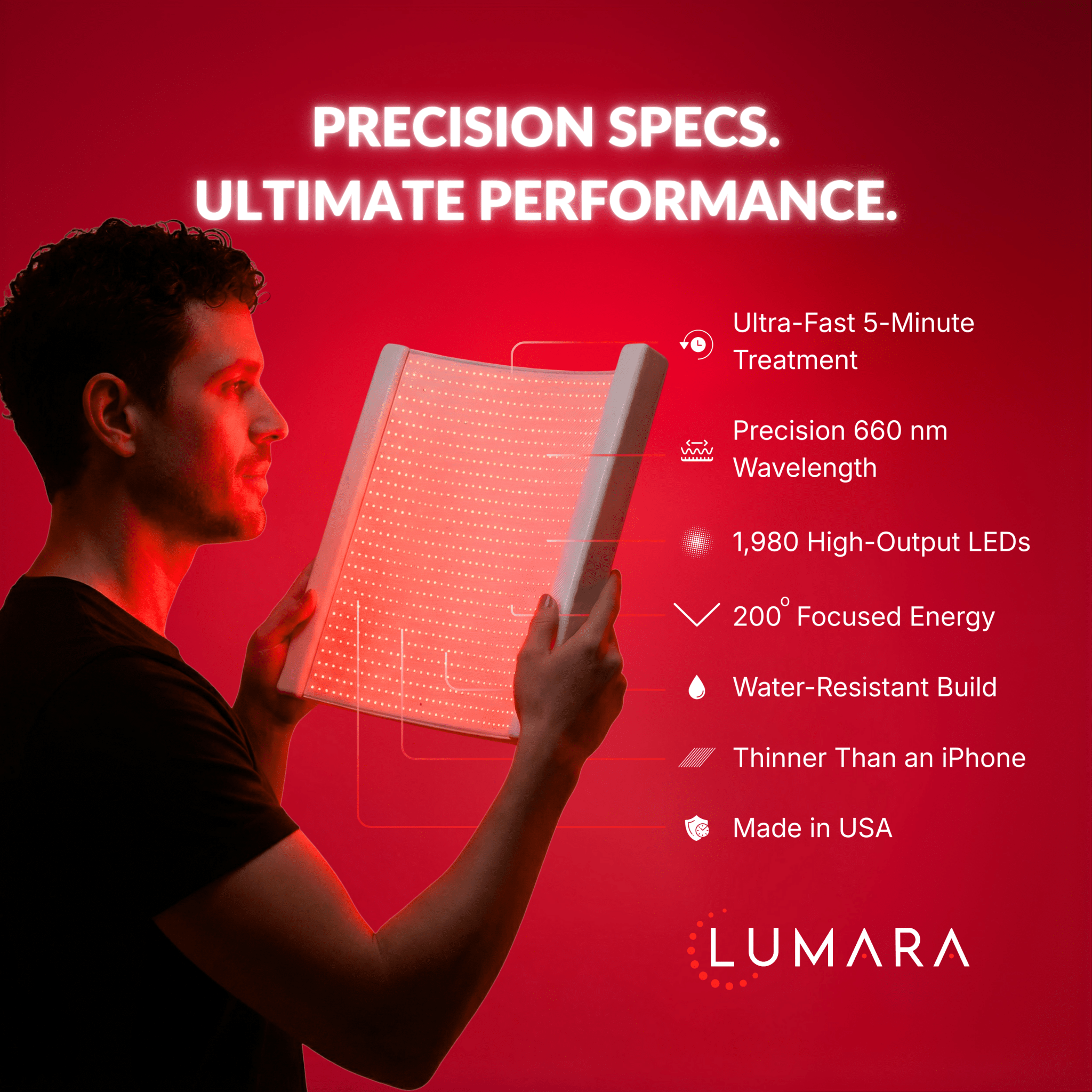 Person holding a red light device with Lumara branding and product features on a red background