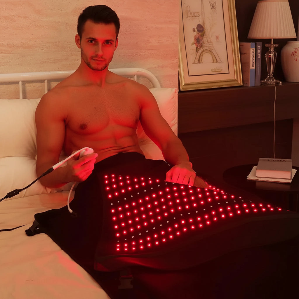 Man using a red light therapy device on his back in a bedroom setting.