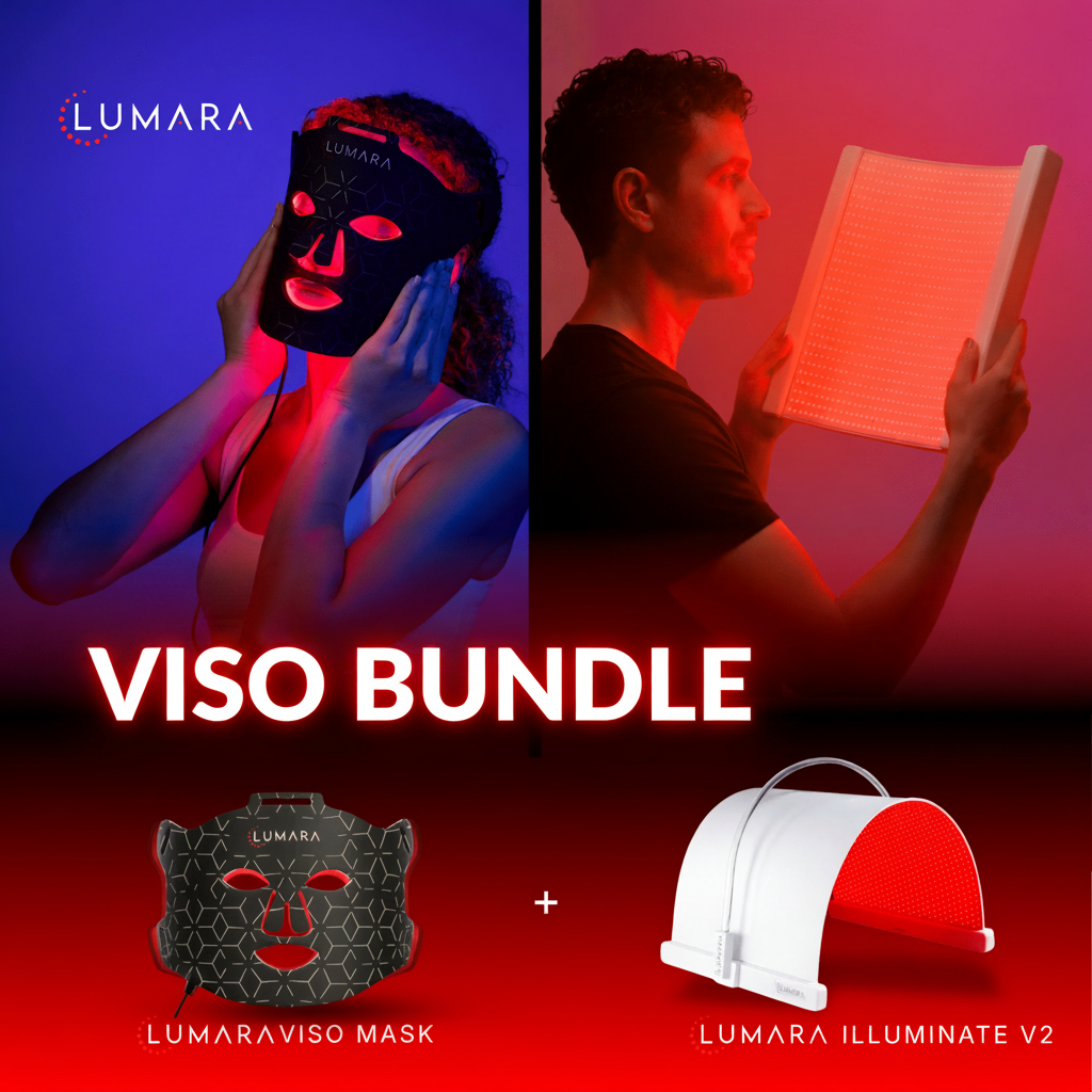 Promotional image of Lumara VISO Bundle with two people using the mask and light device